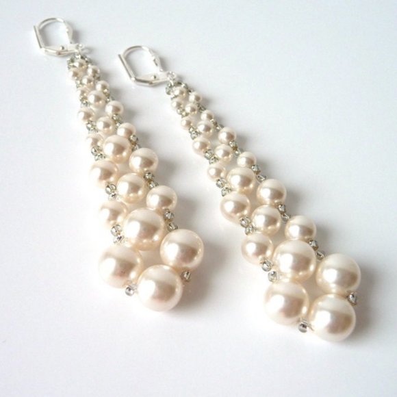 Pearl Earrings, Long Dangle Earrings, Beaded Woven Jewelry Earrings, - Picture 4 of 4